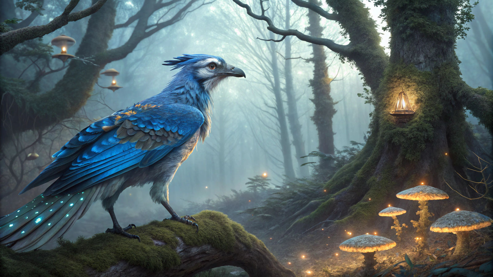 Iridescent Blue Jay Griffin in Mystical Forest