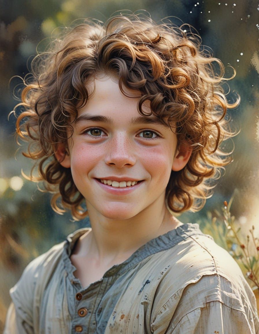 Watercolor Portrait of a Smiling Boy in Romantic Style