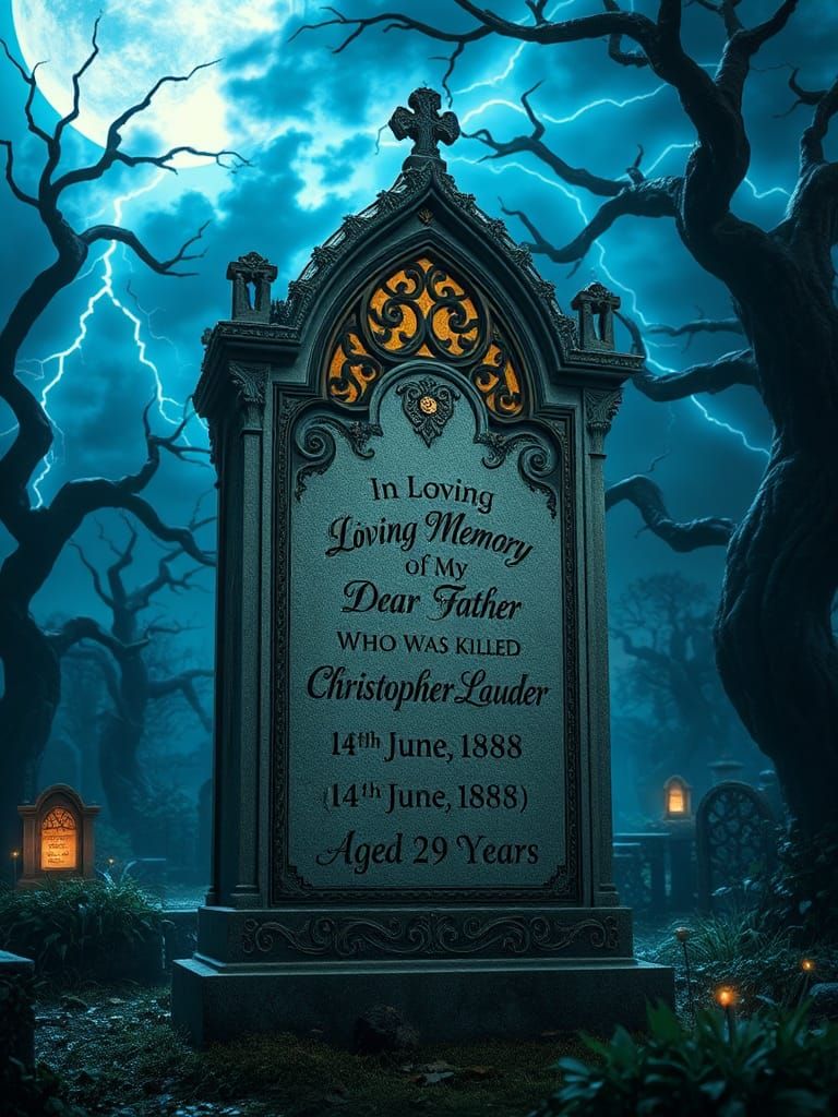 Victorian Tombstone in Moonlit Graveyard with Gothic Carving...