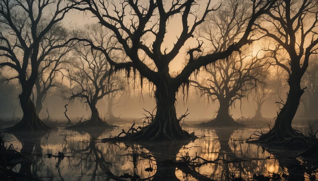 Misty Swamp Sunset in Moody Film Noir Style