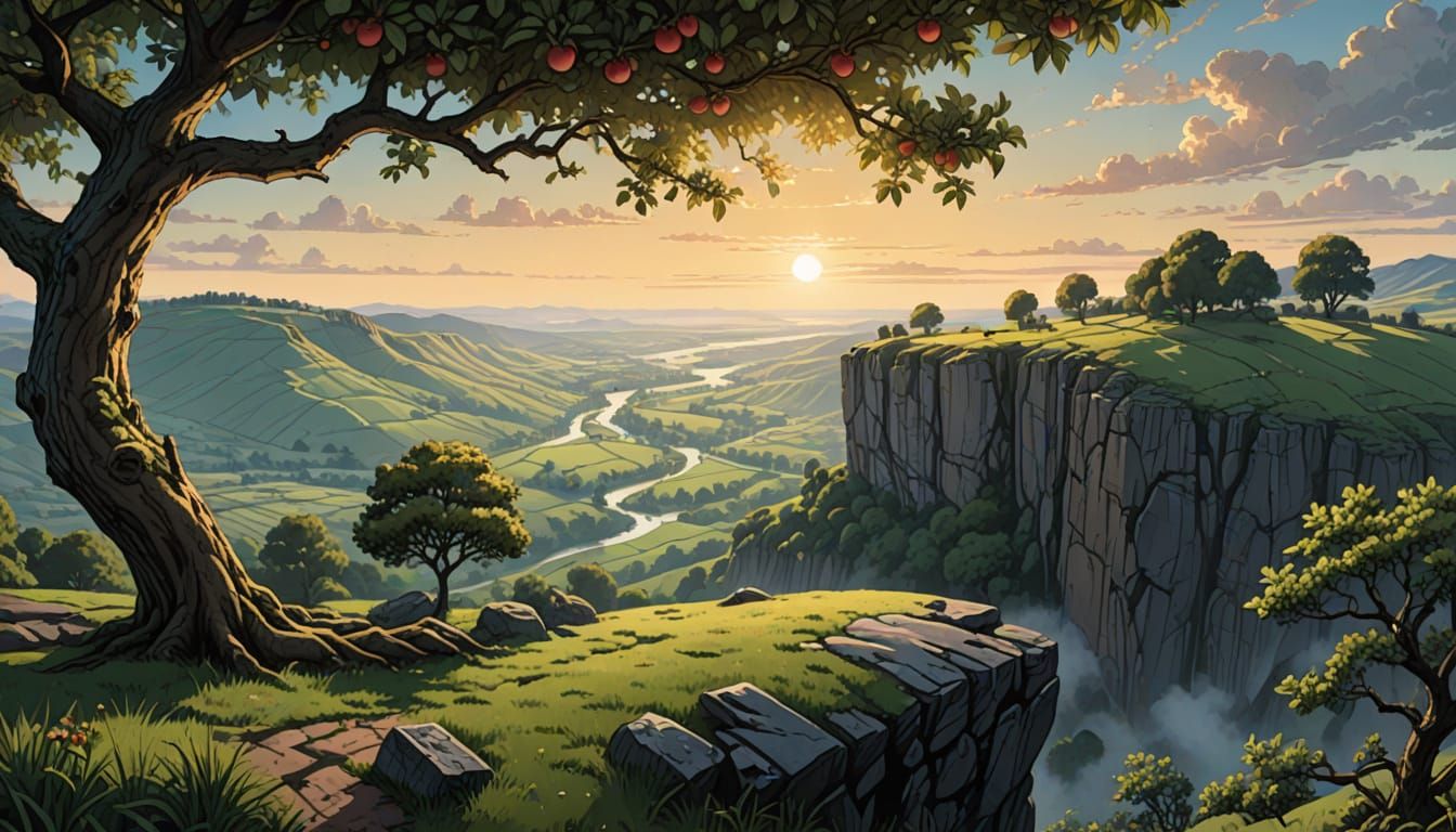Cliffside Apple Tree at Dawn: Botanical Digital Illustration