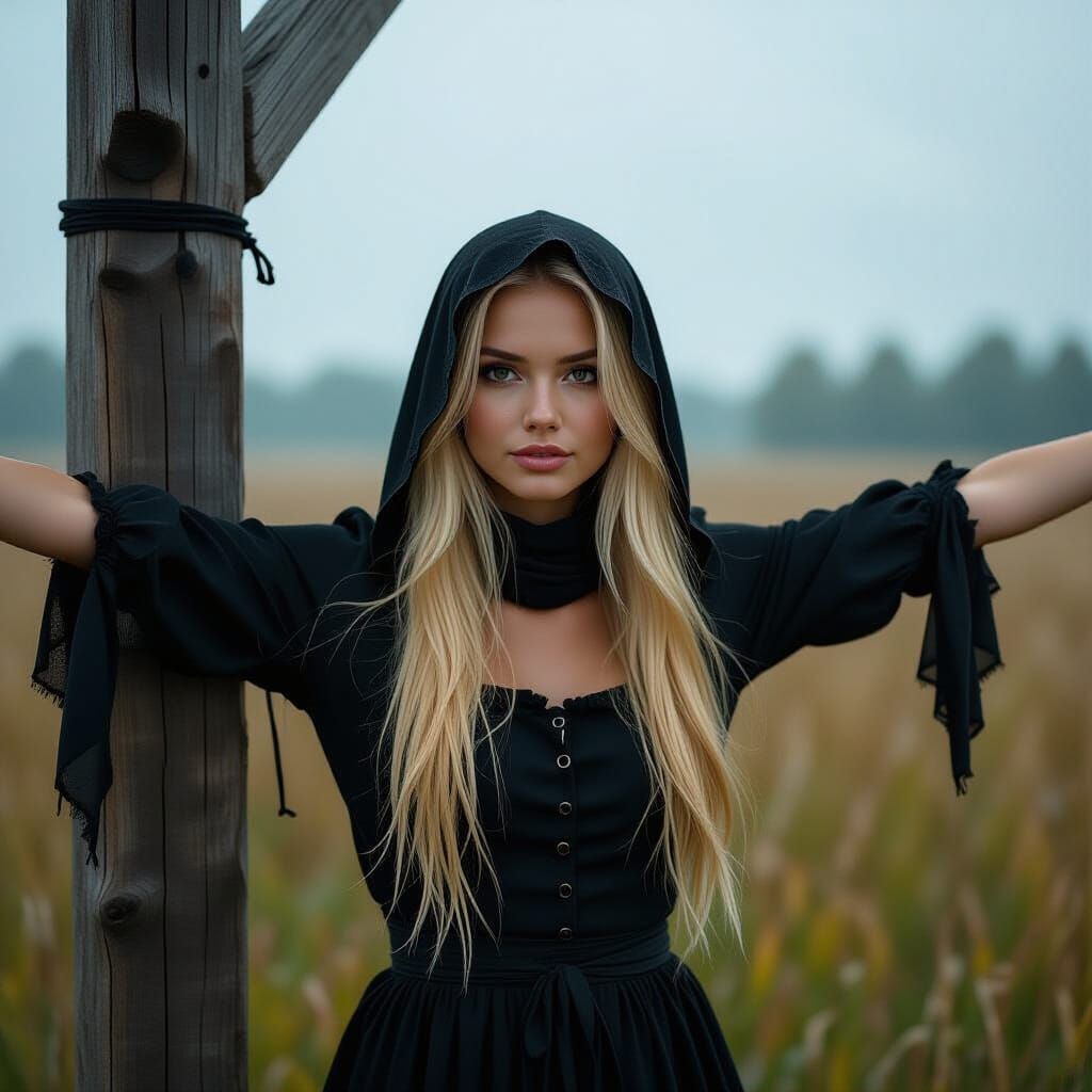 Woman in Scarecrow Costume in Stormy Meadow
