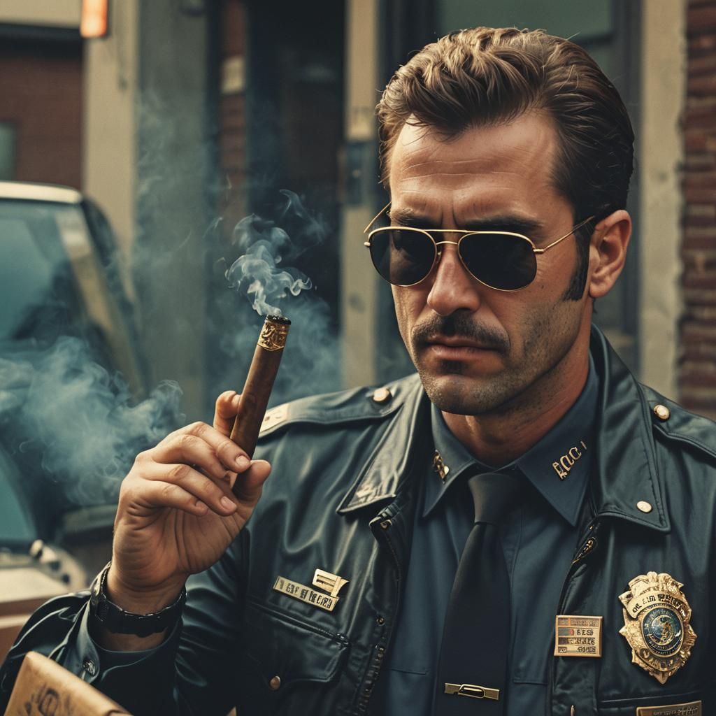 Cinematic Rookie Cop Smoking Cigar in Sunglasses