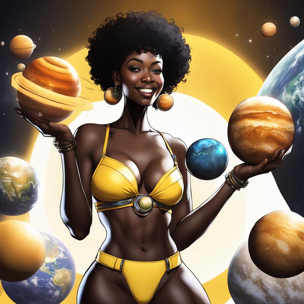 Smiling Ebony Giantess Holding Planets