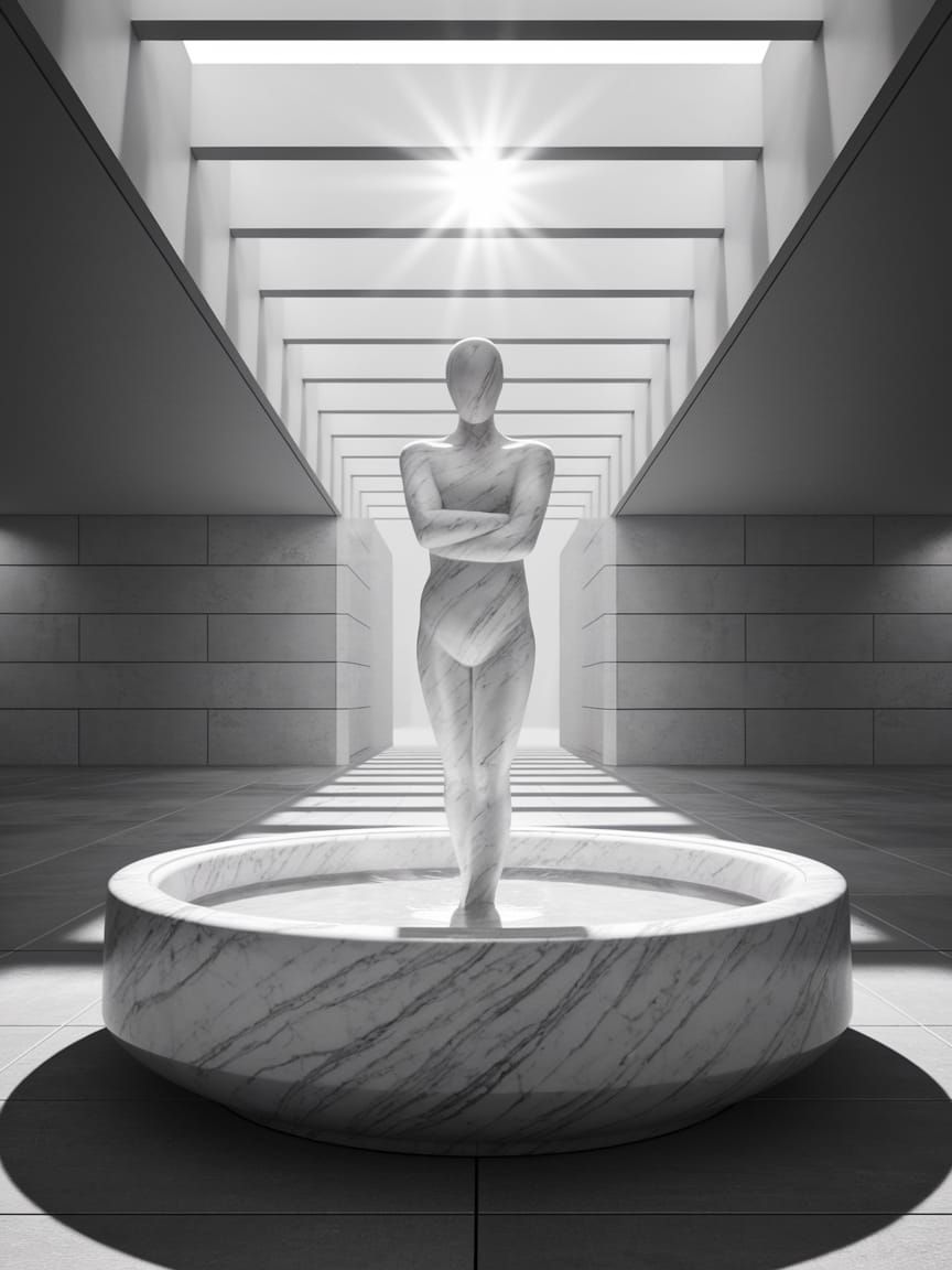 Monochrome Fountain Sculpture in Sunlight, Long Exposure