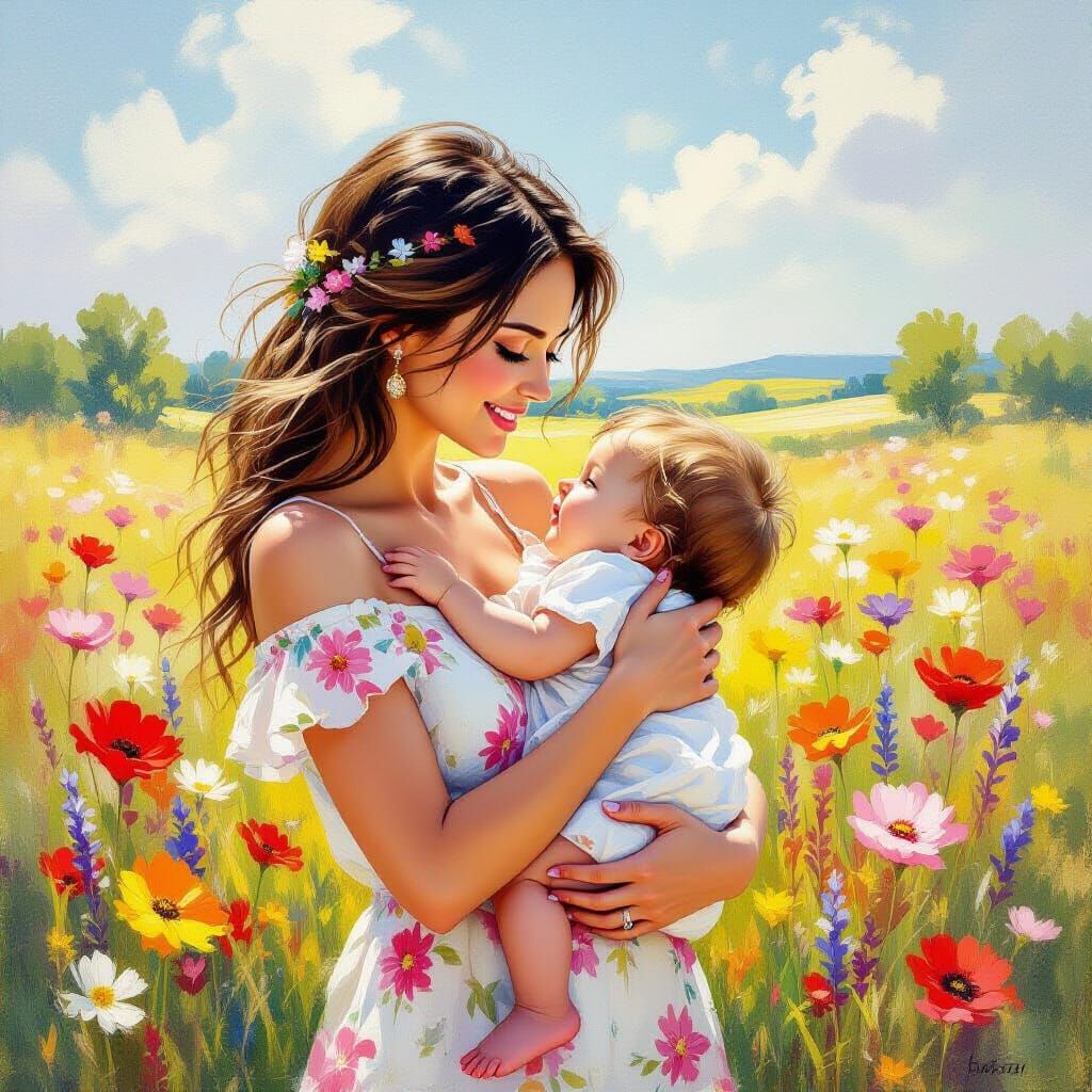 Mother's Love in a Colorful Meadow