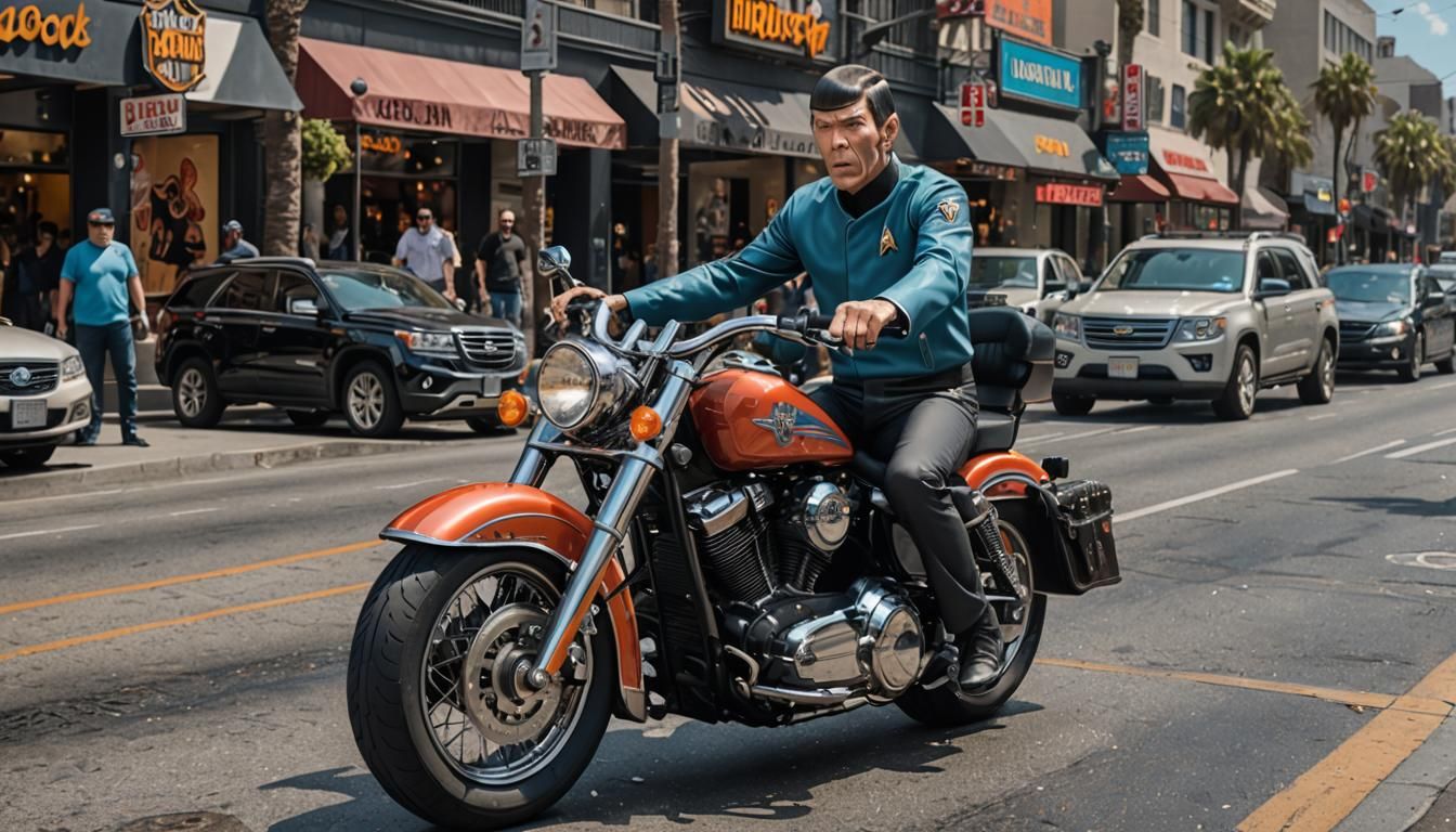 Mr. Spock Rides a Harley on Hollywood Boulevard