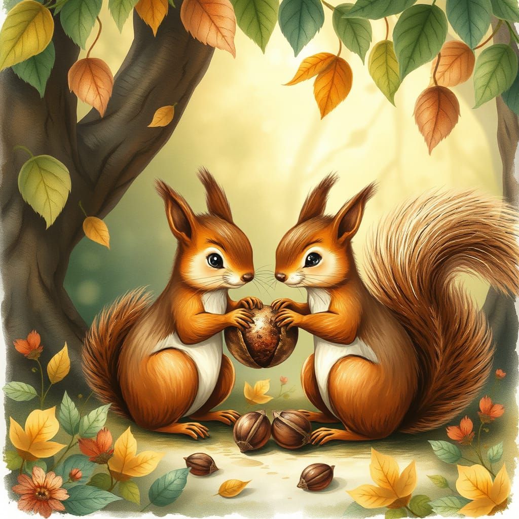 Charming Squirrel Couple in Lush Forest, Whimsical Illustrat...