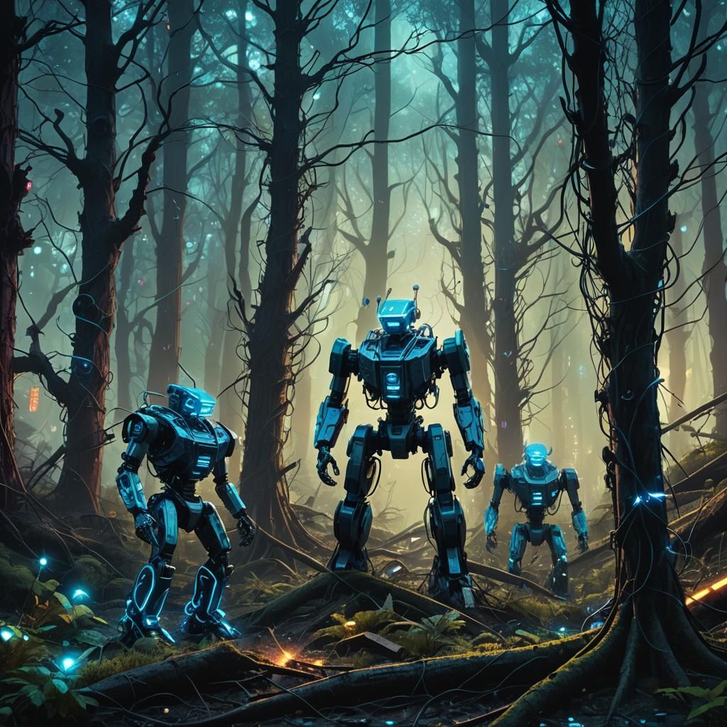Cyberpunk Nature Scene: Robots in a Neon Forest