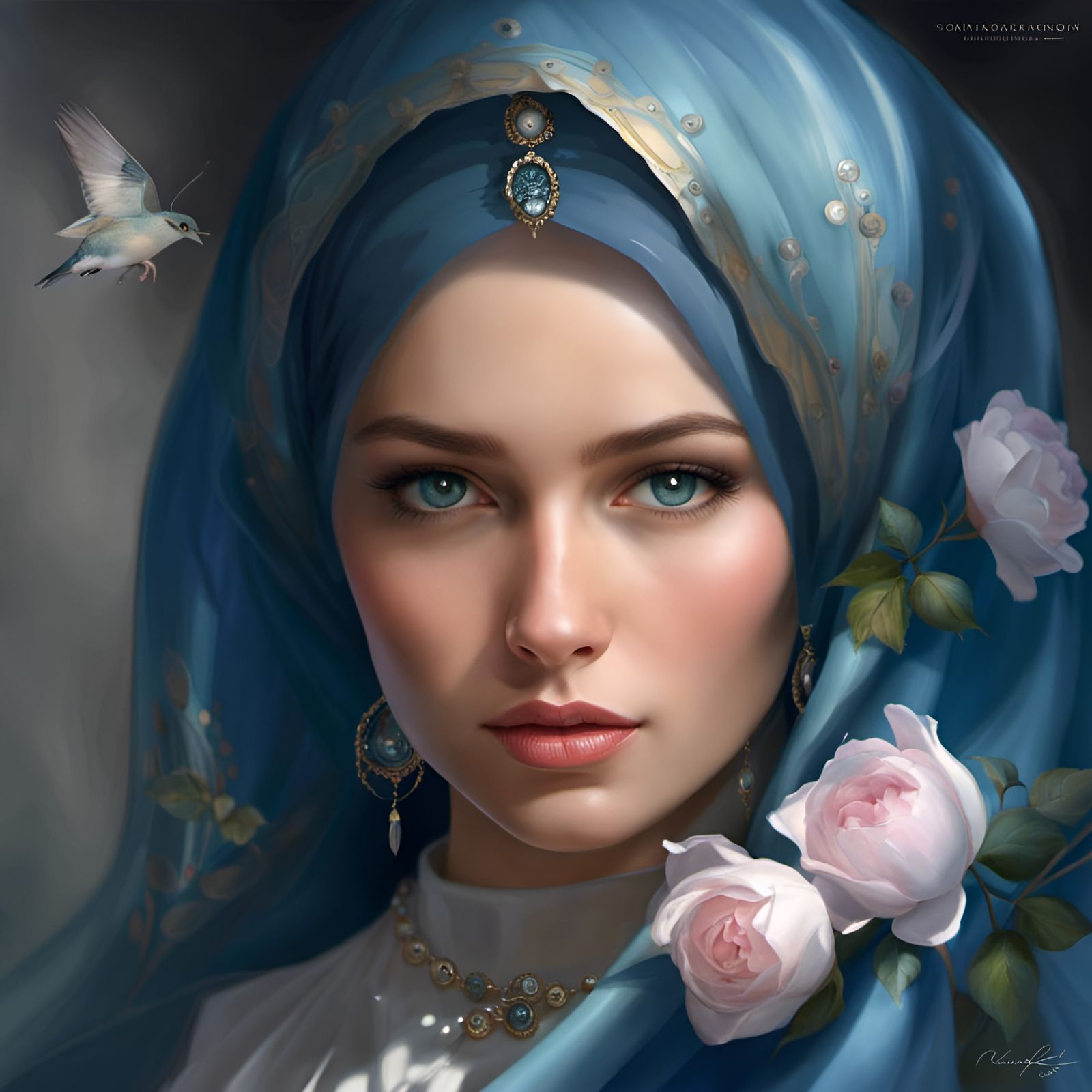 Czech Woman Portrait with Rose Blossoms in Victorian Style