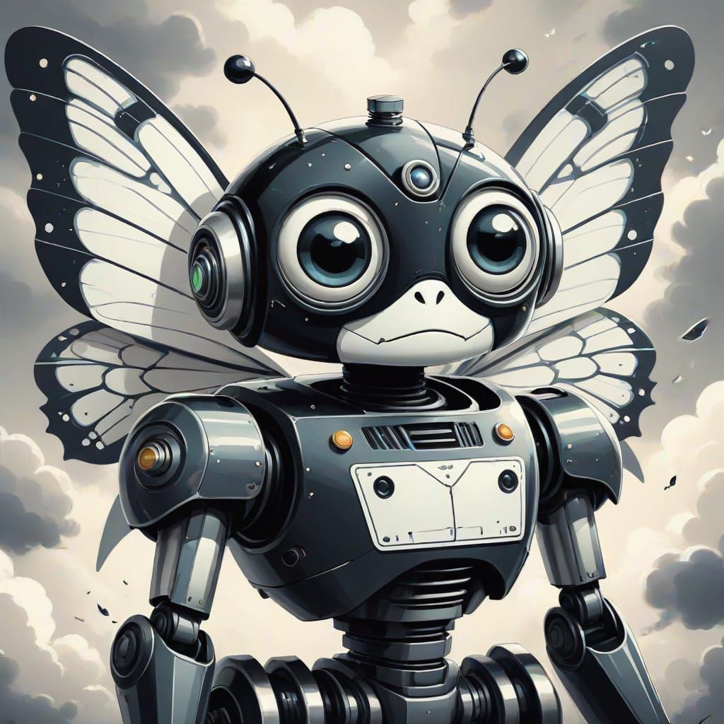 Retro Cartoon Robot Butterfly Smokes in Whimsical Clouds