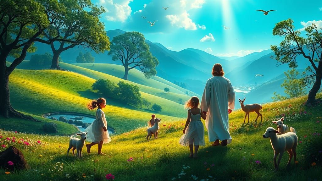 Serene Heaven Landscape with Joyful Children and Majestic An...