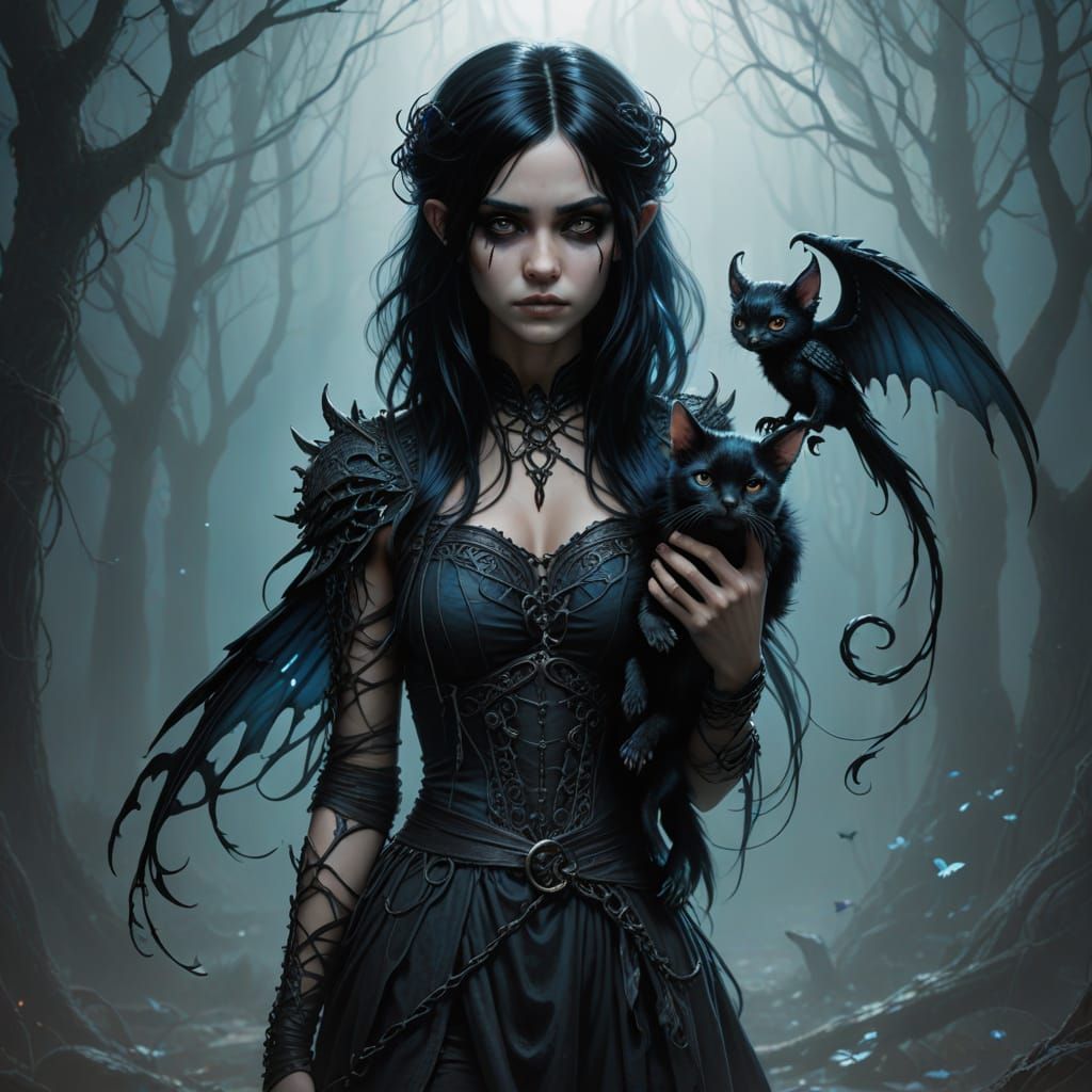 Emo Girl with Imp in Dark Gothic Style