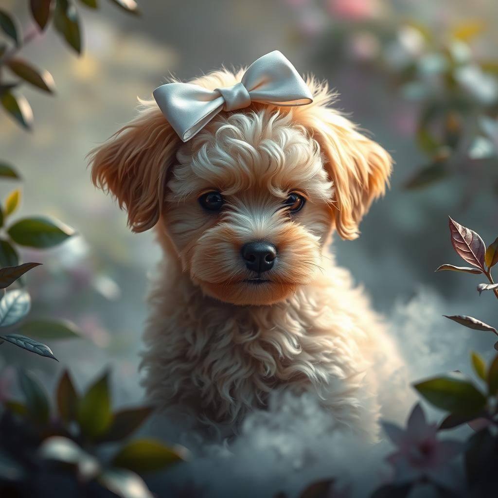 Schnoodle Puppy with Bow in Fantasy Landscape