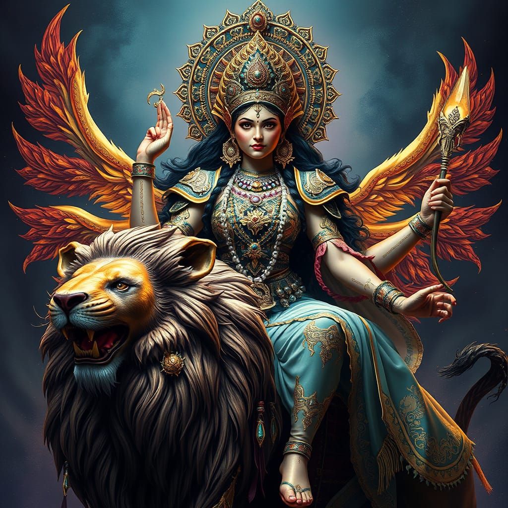 Regal Goddess Seated on Majestic Lion in Fantasy Realism Sty...