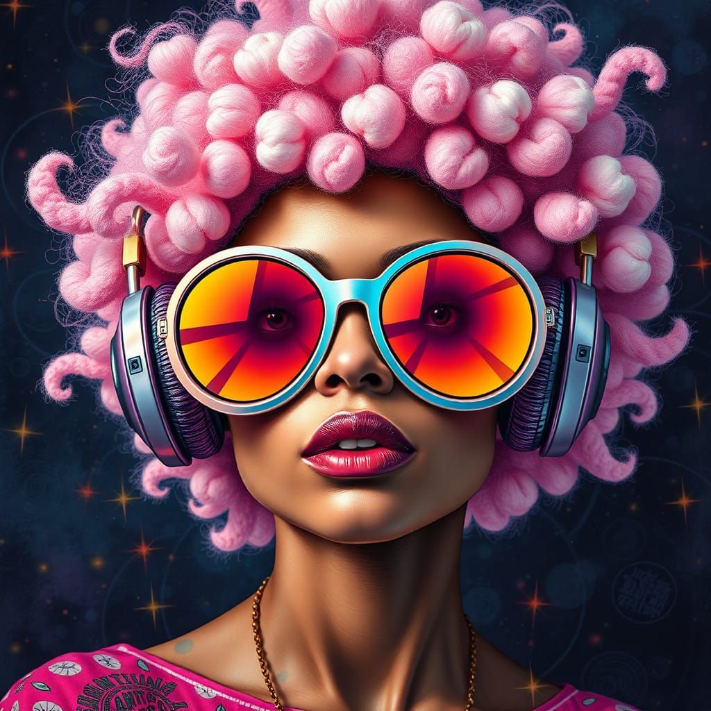 Whimsical Woman with Rainbow Sunglasses in Abstract Steampun...