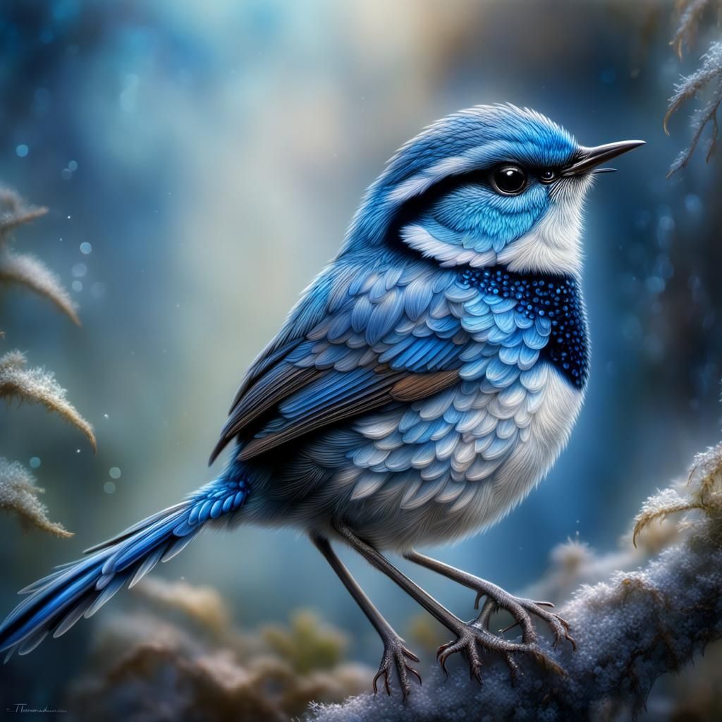 Hyperrealistic Crystal Blue Wren in Ethereal Mist