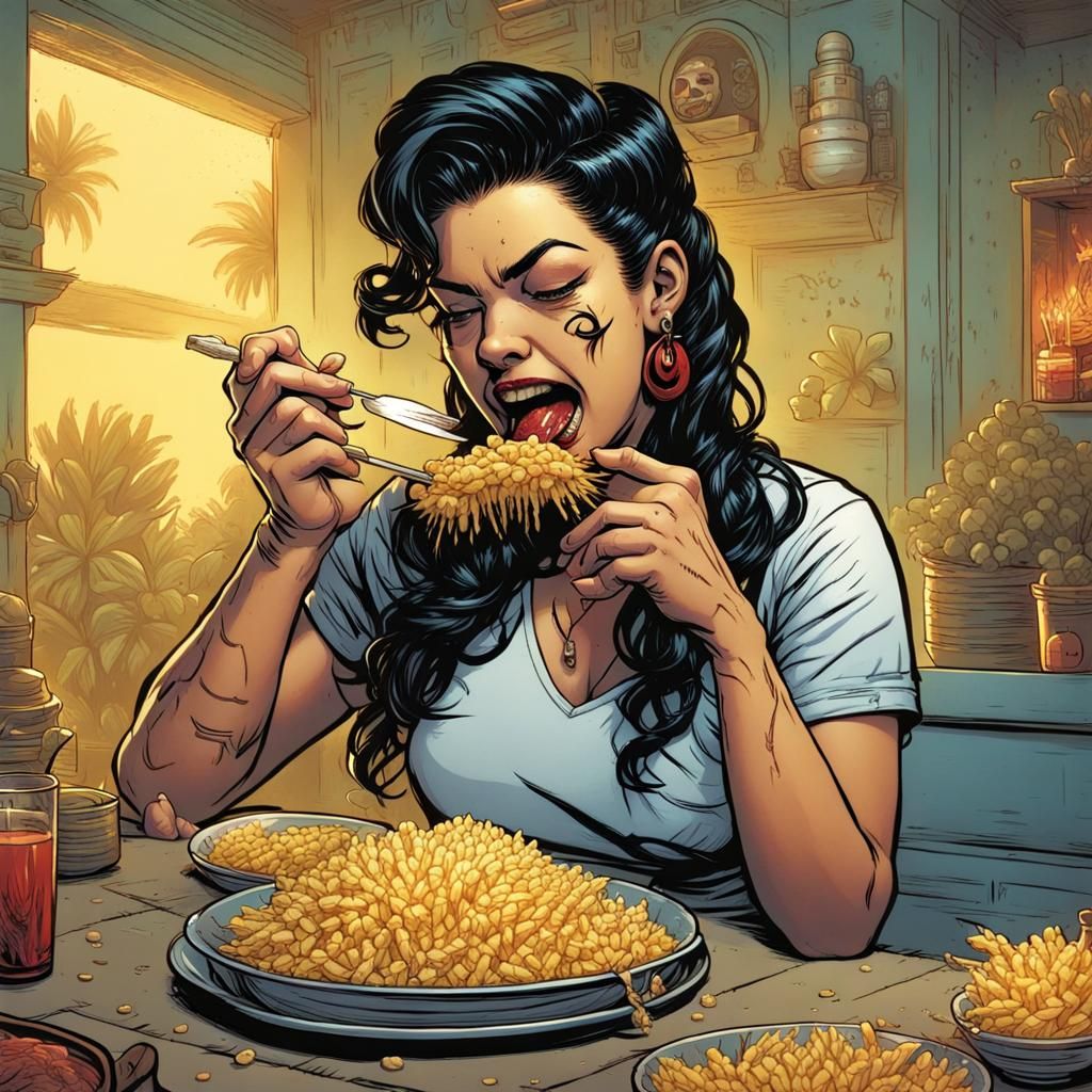 Chola Eating Elote in Comic Book Art Style