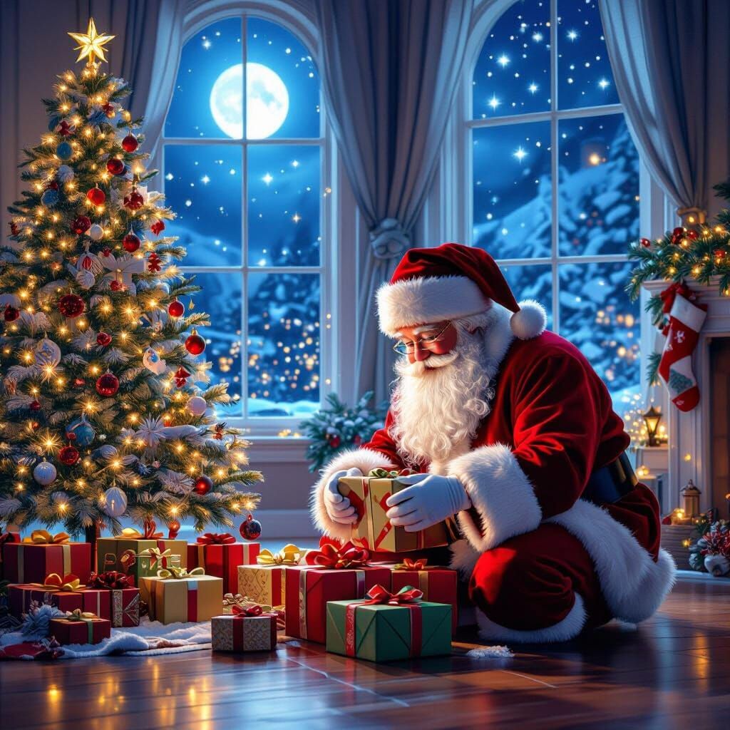 Santa Distributes Presents in a Magical Home