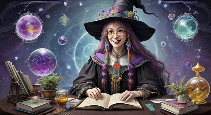 Whimsical Bohemian Witch Doctor in a Cosmic Dreamscape