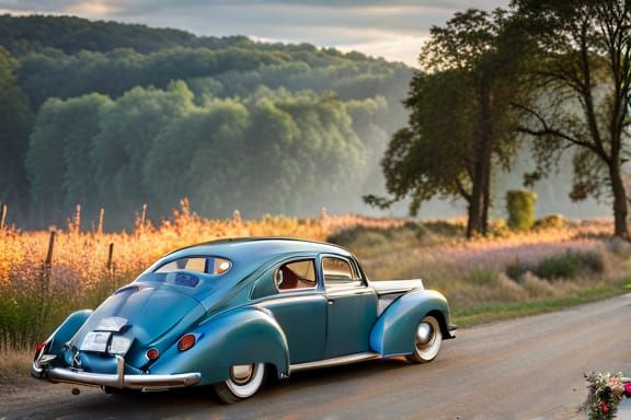 Girl on Veteran VW Beetle: Hyperdetailed Concept Art