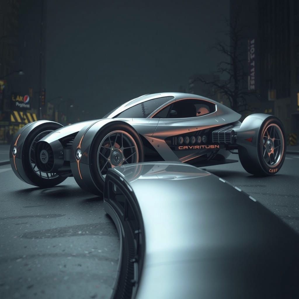 Sleek, High-Tech Car Speeds Down Neon-Lit City Street at Nig...