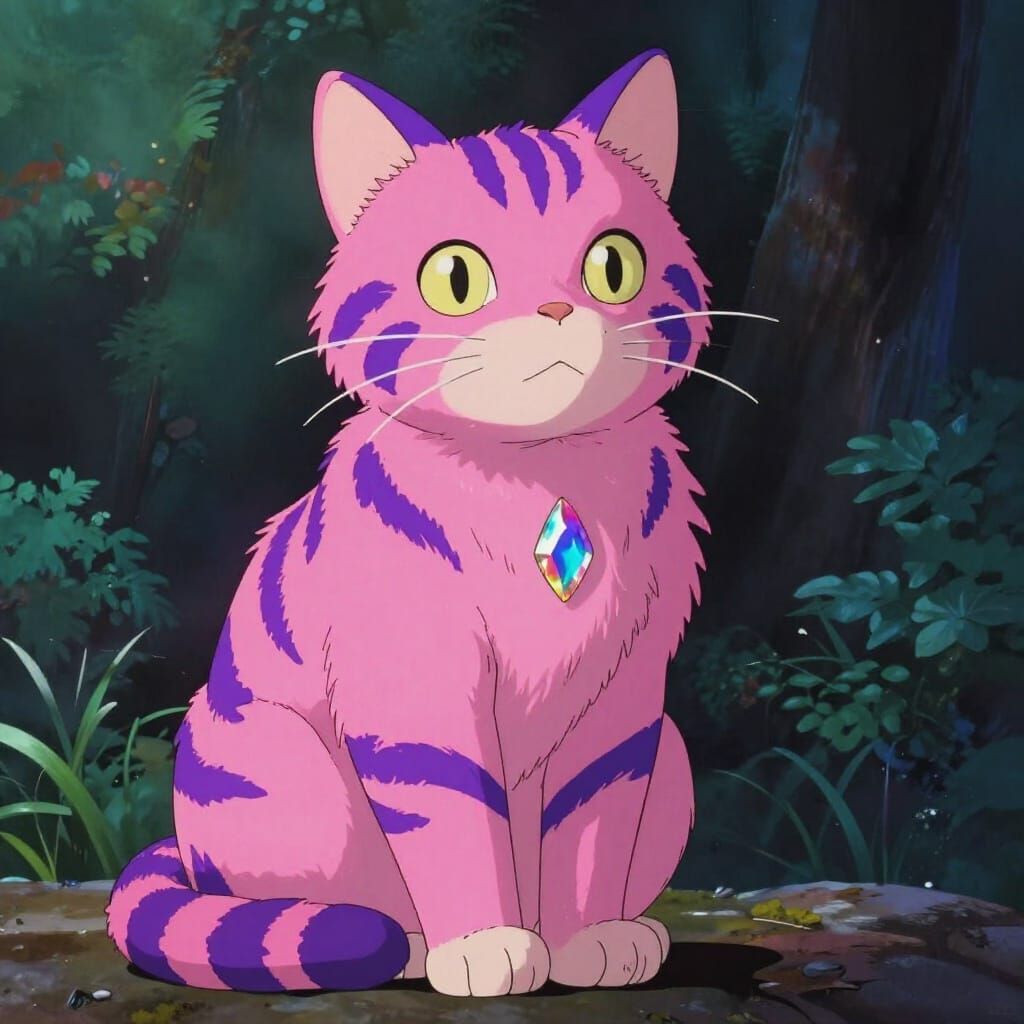 Gemstone Cat with Neon Pink Fur and Violet Stripes in Ghibli...
