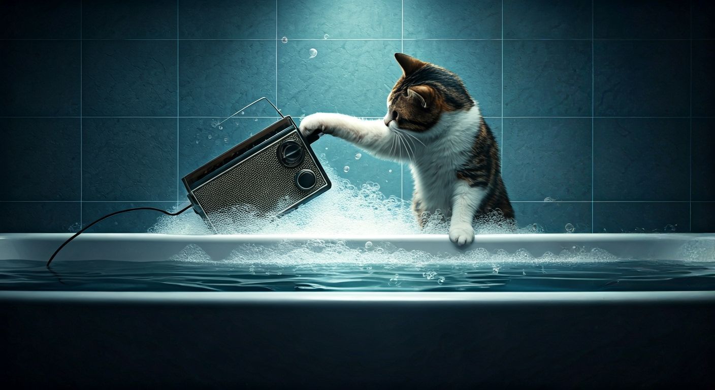 Mischievous Cat Dangles Radio Over Bubble Bath