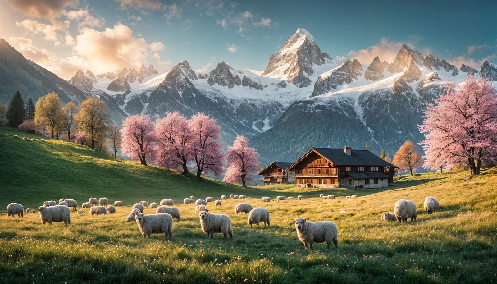 Swiss Alps Sunrise: Chalets, Cherry Blossoms, and Snowy Peak...