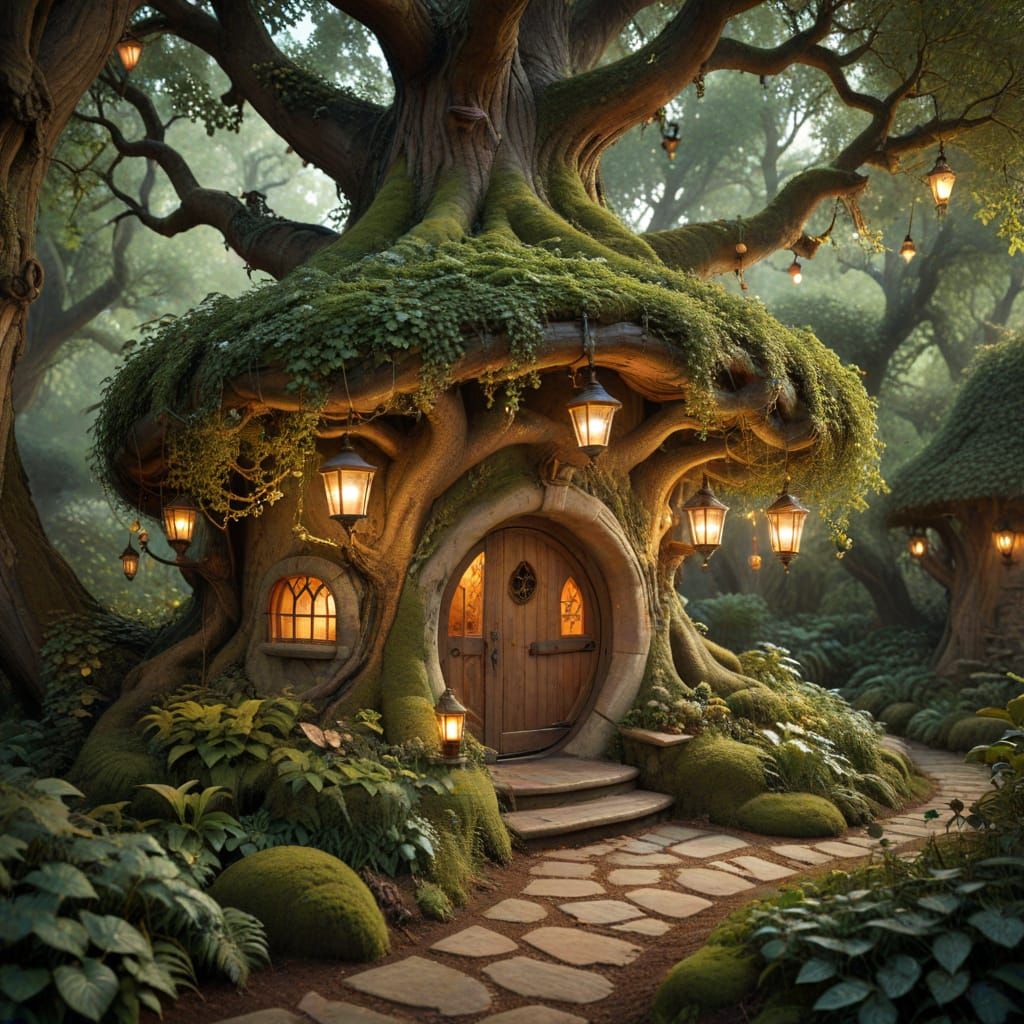 Whimsical Forest Treehouse in Golden Hour
