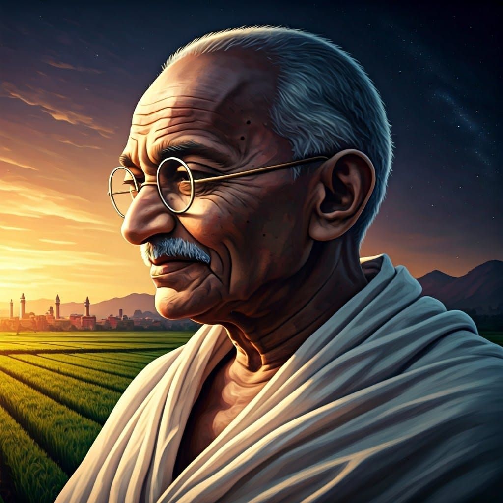 Mahatma Gandhi Double Exposure: Indian Fields and Delhi