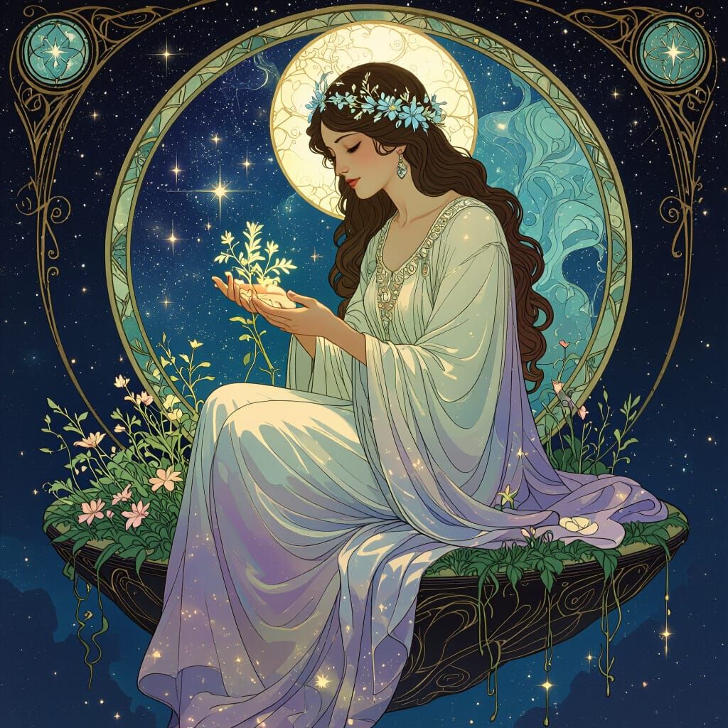 Celestial Herbalist Nurturing Luminous Herbs in Art Nouveau