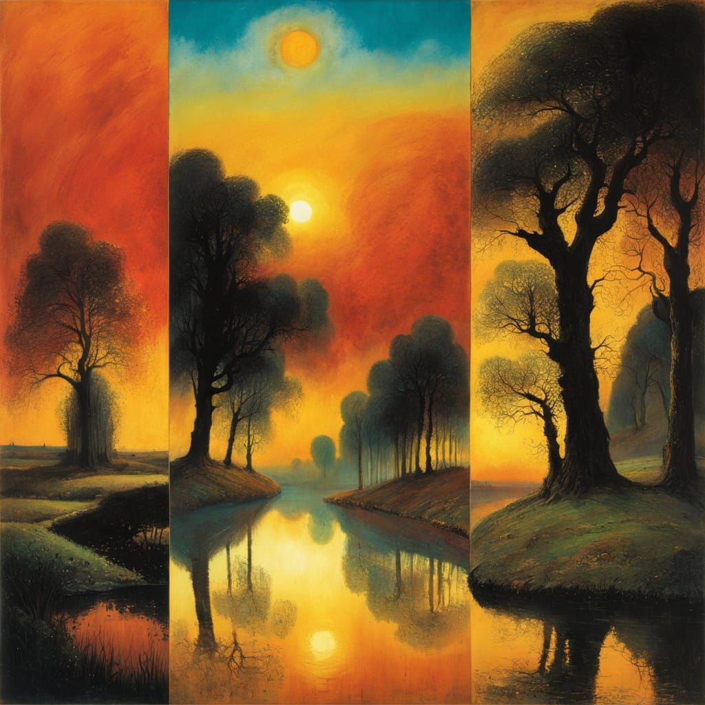 Surrealist Landscape with Majestic Oak Trees at Dusk