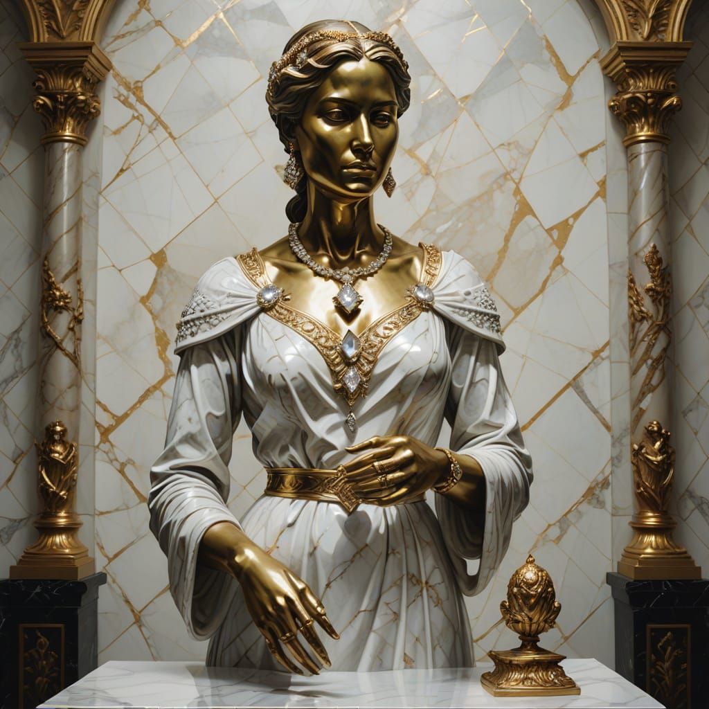 Gilded Marble Statue with Diamond in Dramatic Lighting