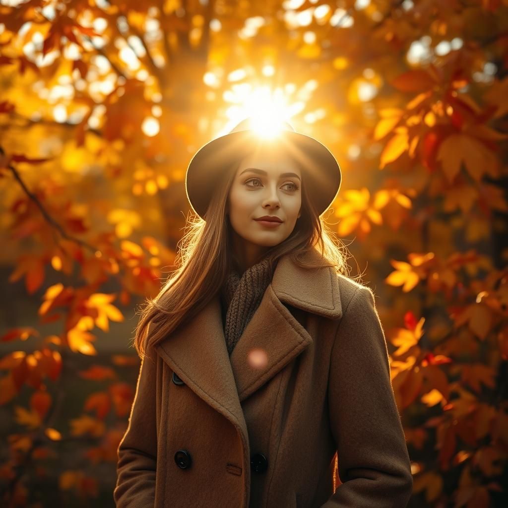 Autumn Woman in Sun-Drenched Landscape, Hyperrealistic Style