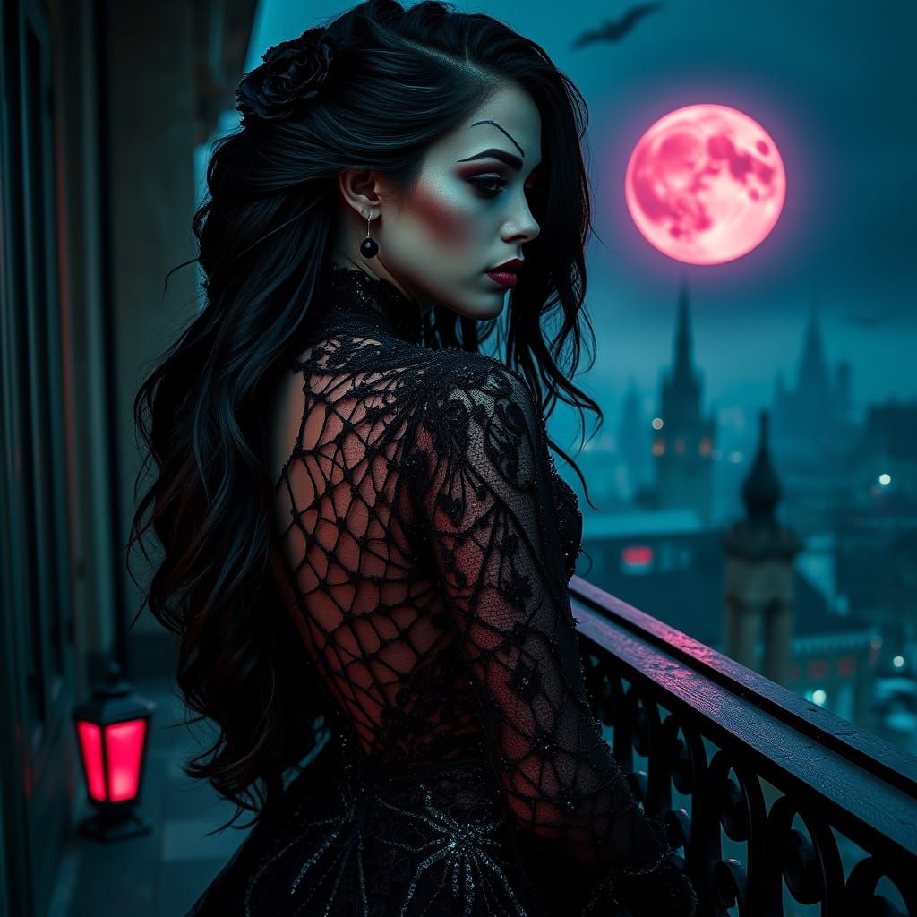 Gothic Mexican Woman in Spider Silk Gown on Balcony