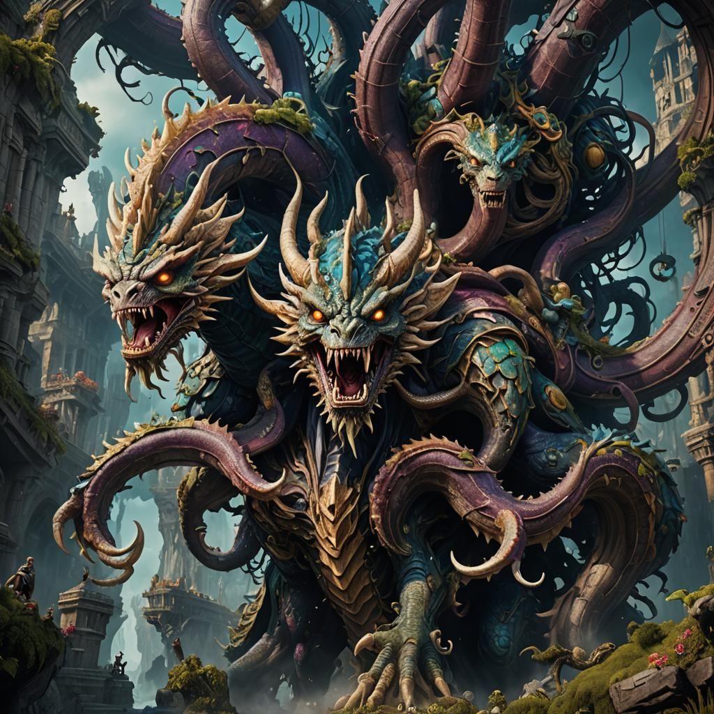 Monstrous Six-Headed Scylla in Detailed Matte Painting