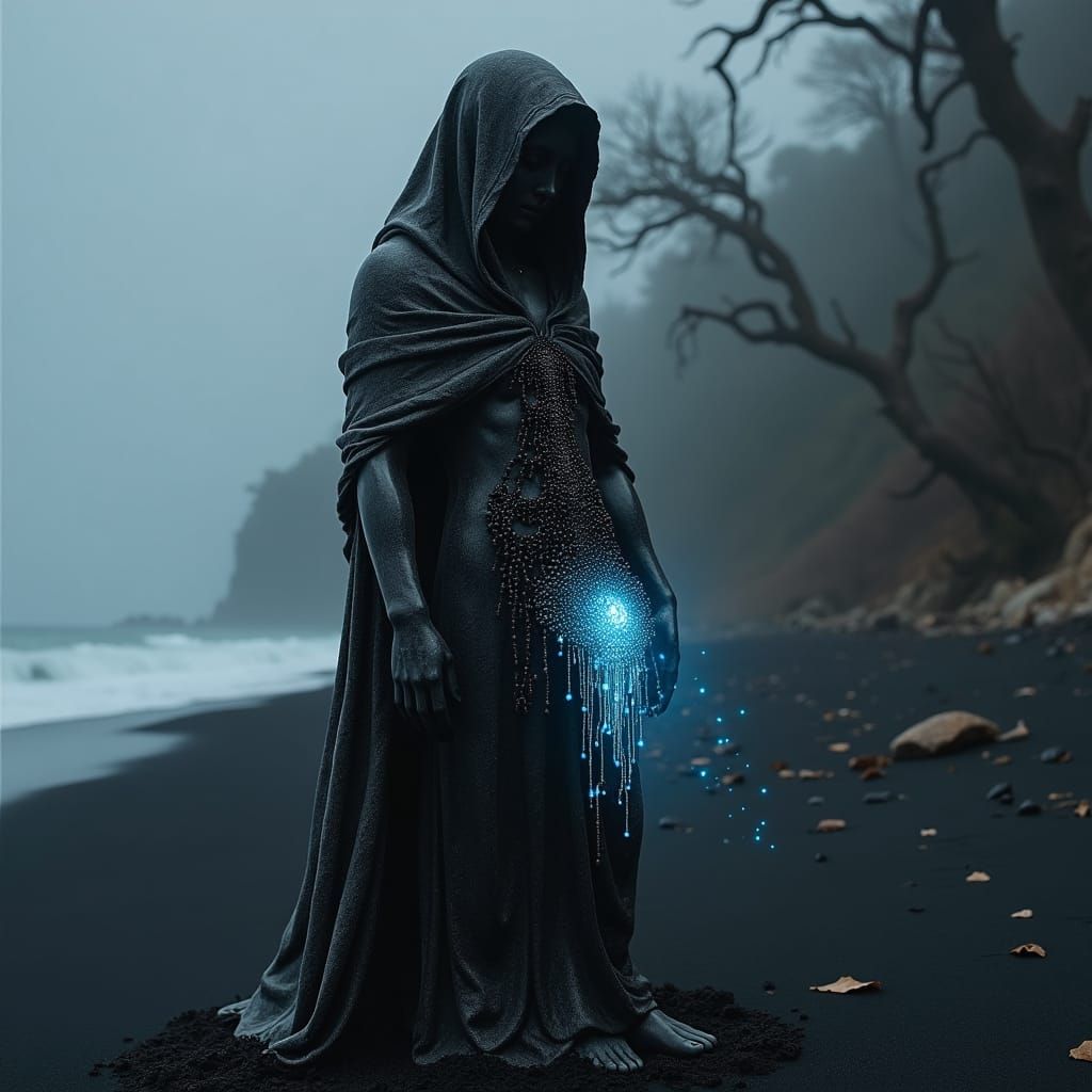 Black Marble Cyberpunk Statue on a Beach