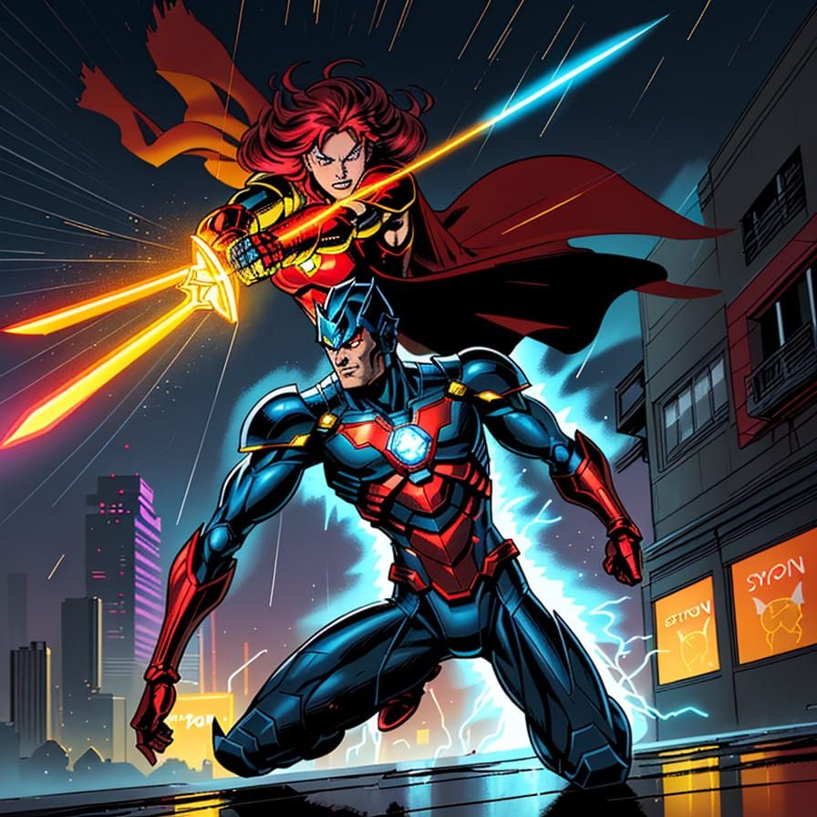 Dynamic Comic-Style Superhero in Action, Leaping with Glowin...