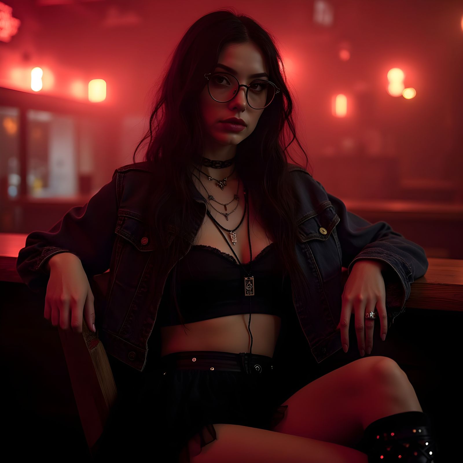 Goth Woman with Denim Jacket in Club