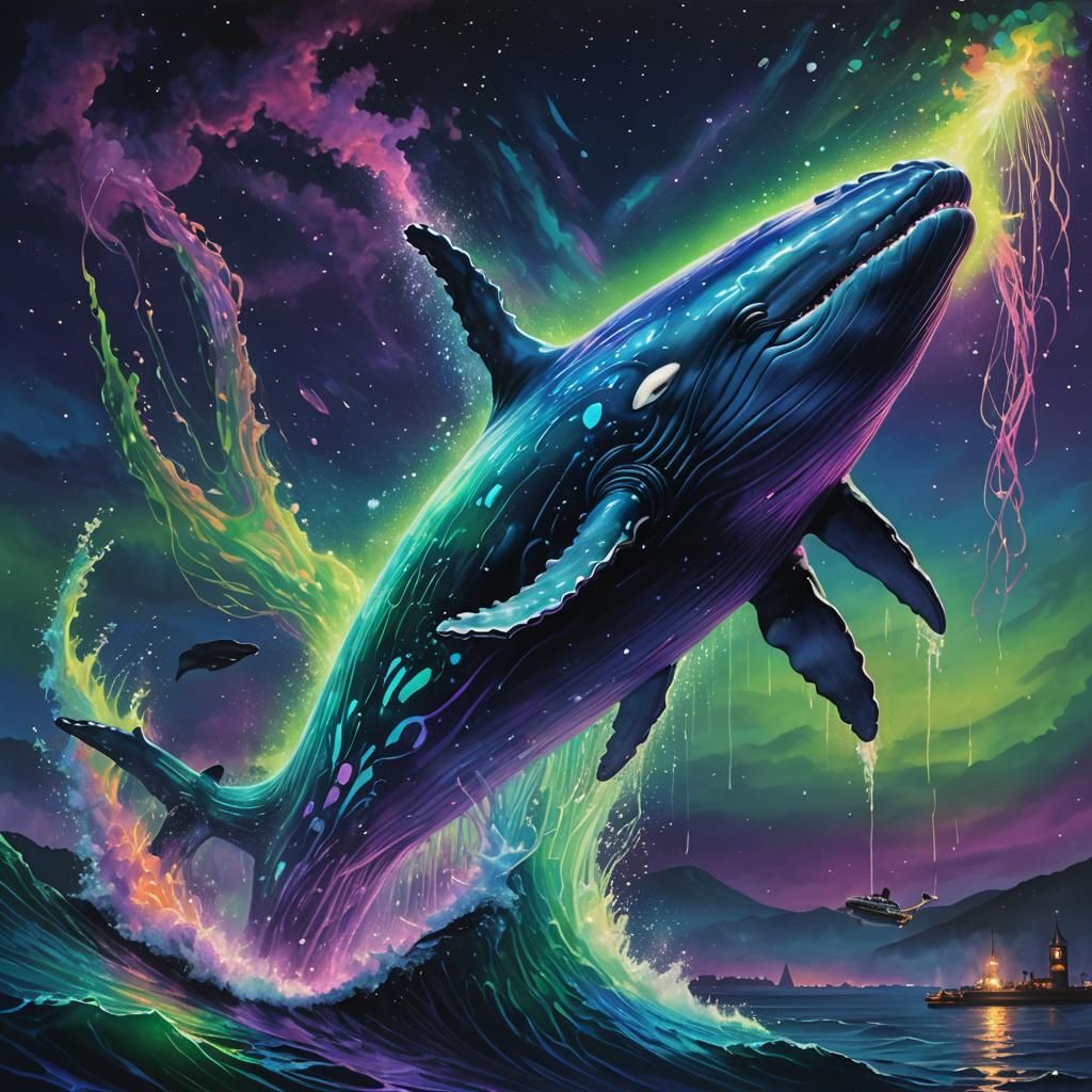 Bioluminescent Whale Leaping at Night as Splash Art