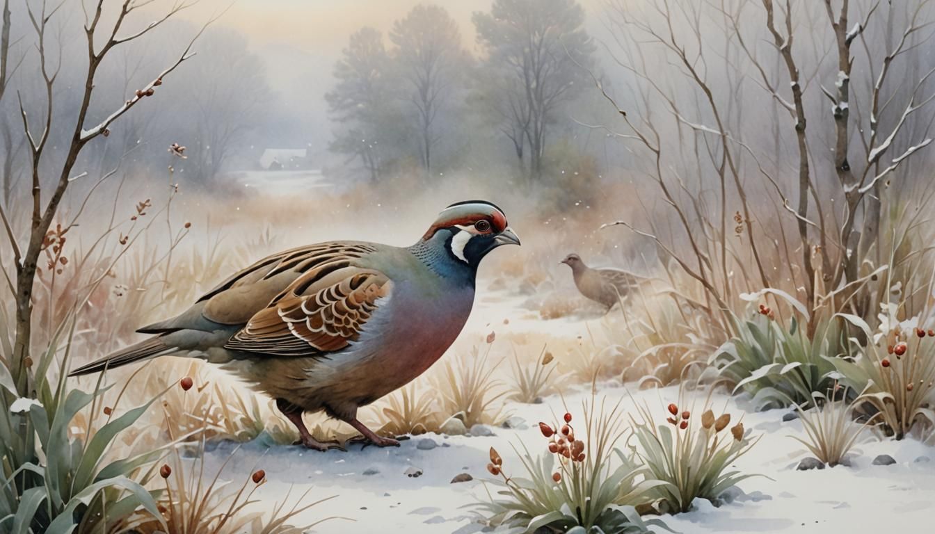 Boar and Bird in Snowy Landscape: Watercolor Painting