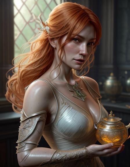 Fairy in Teapot: Detailed Art Nouveau Portrait