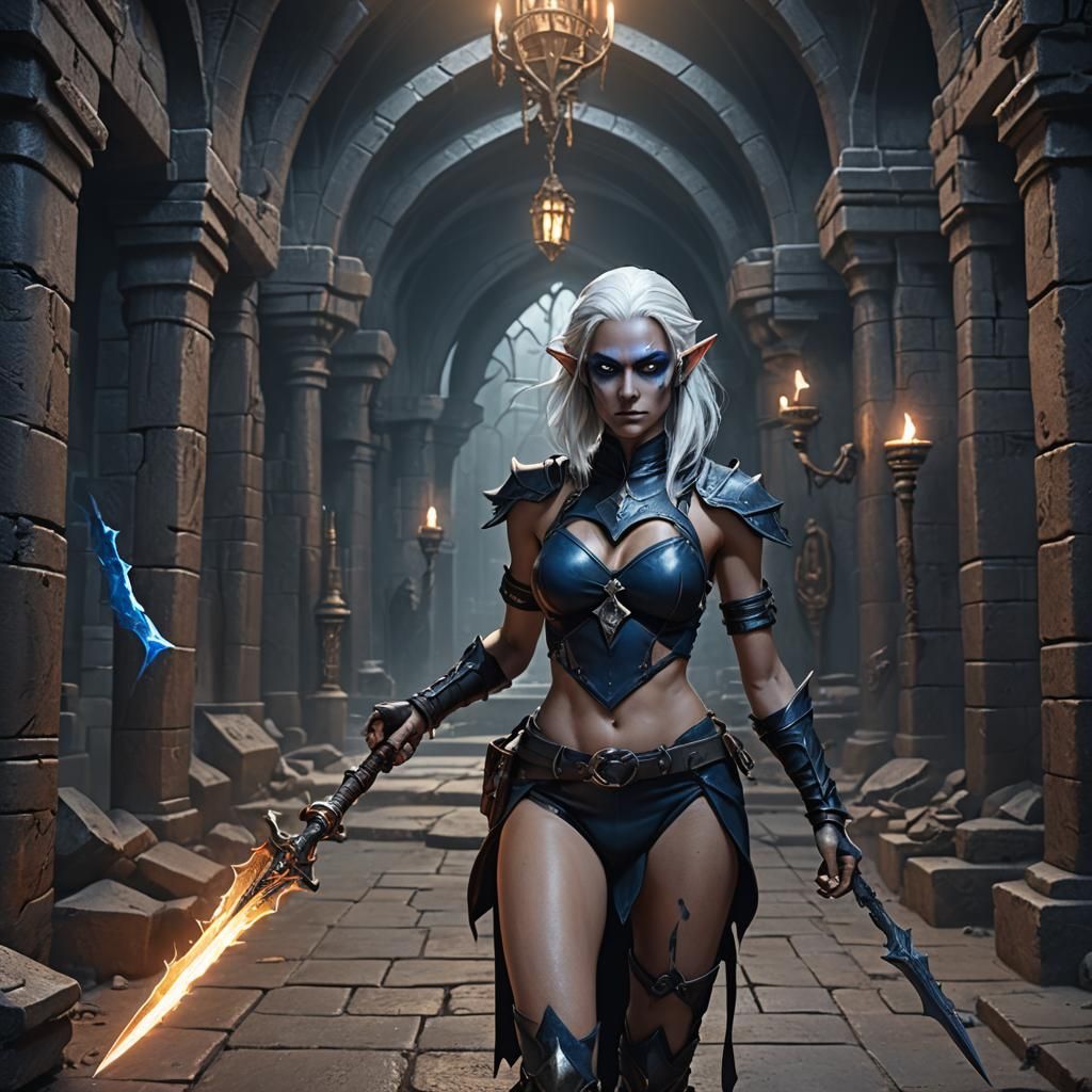 Dark Elf Woman in Dungeon: Fantasy Concept Art
