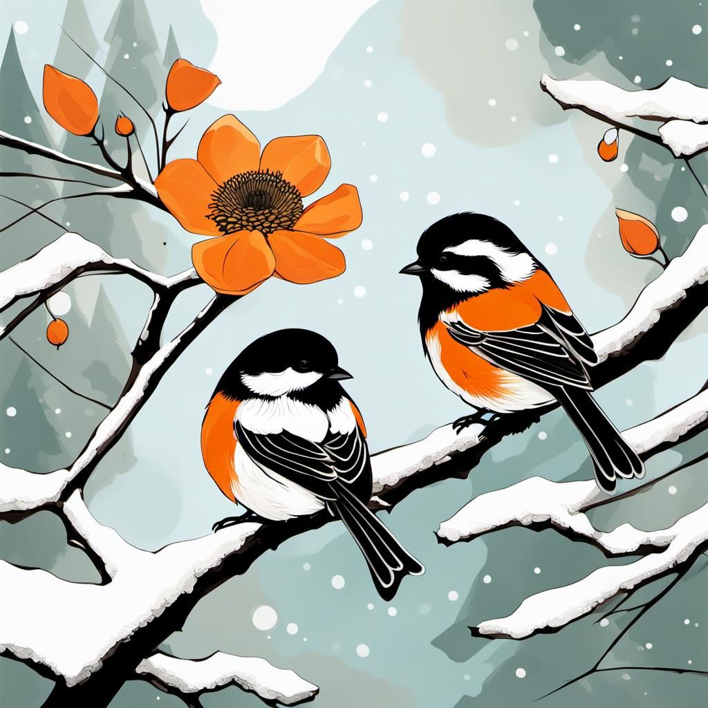 Chickadees Discovering a Lone Flower in Winter
