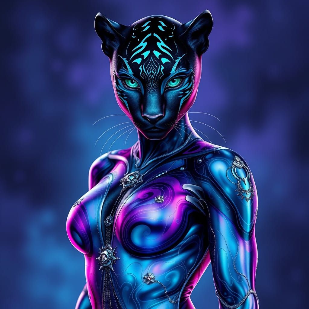 Futuristic Feline Goddess in Neon Cyberpunk Attire