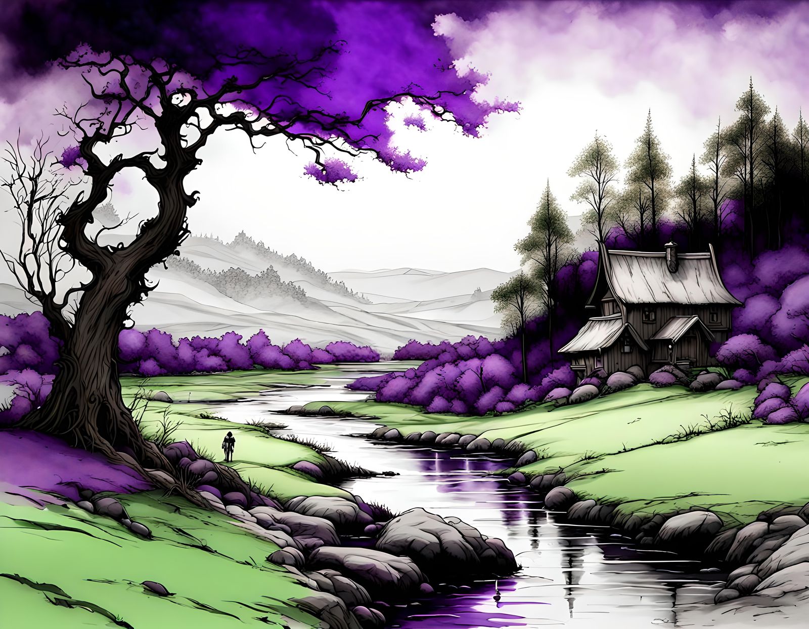 A beautiful landscape scene, selective color purple, selecti...