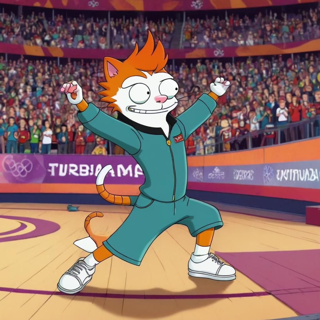 >cutemeowsurreal< fry from Futurama in the Olympics break dance