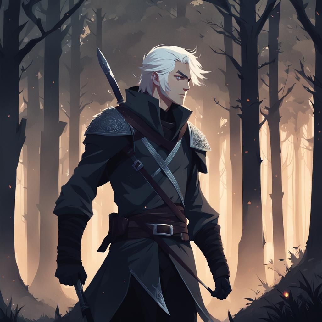 Anime Knight in Dark Forest Chiaroscuro Style