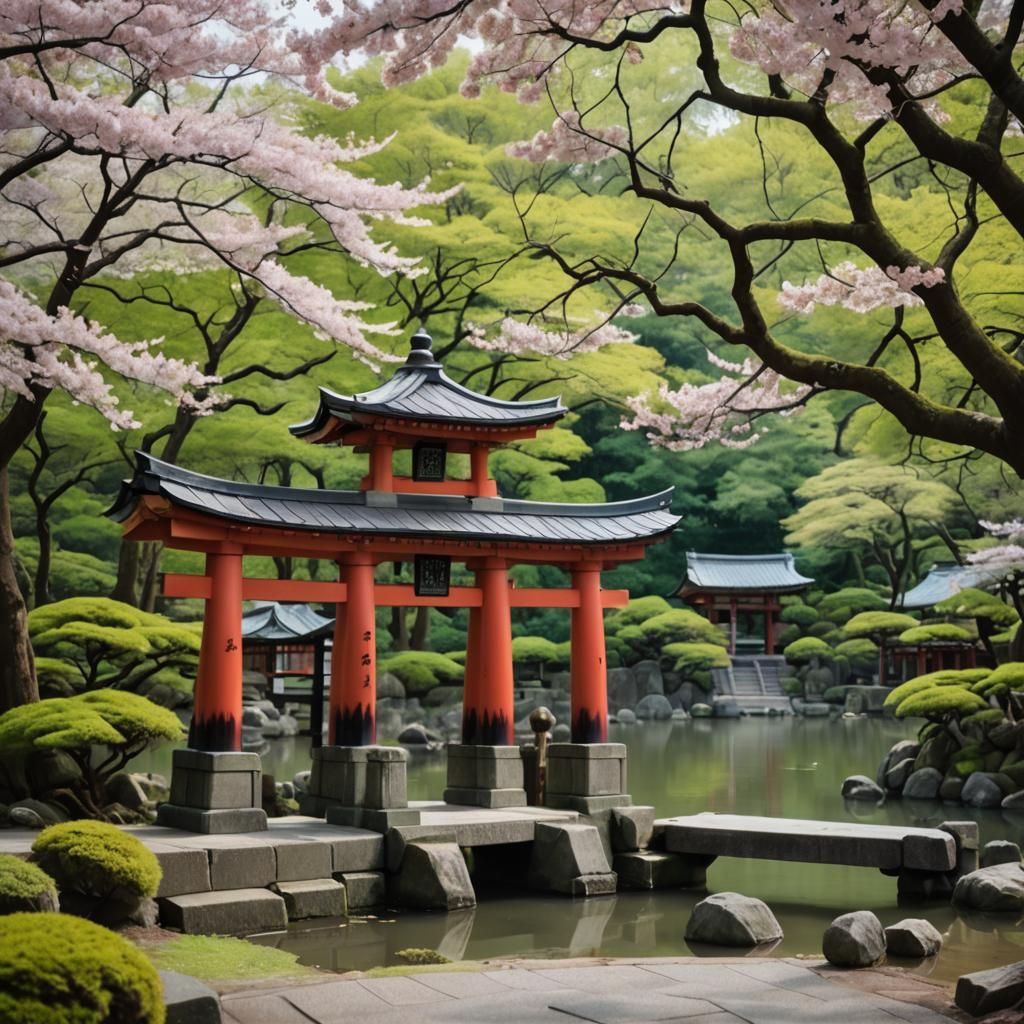 Japanese Shinto Shrine with Foxes and Cherry Blossoms